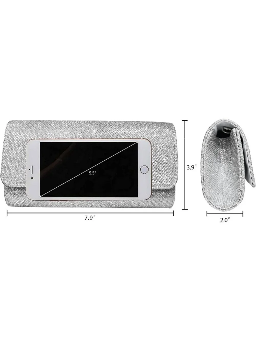 Women's Silver Glitter Clutch Purse Evening Bag With Chain For Wedding Handbag